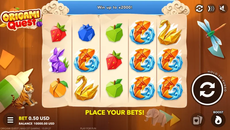 Origami Quest - bahis paneli ve Boost düğmesi içeren oyun ekranı